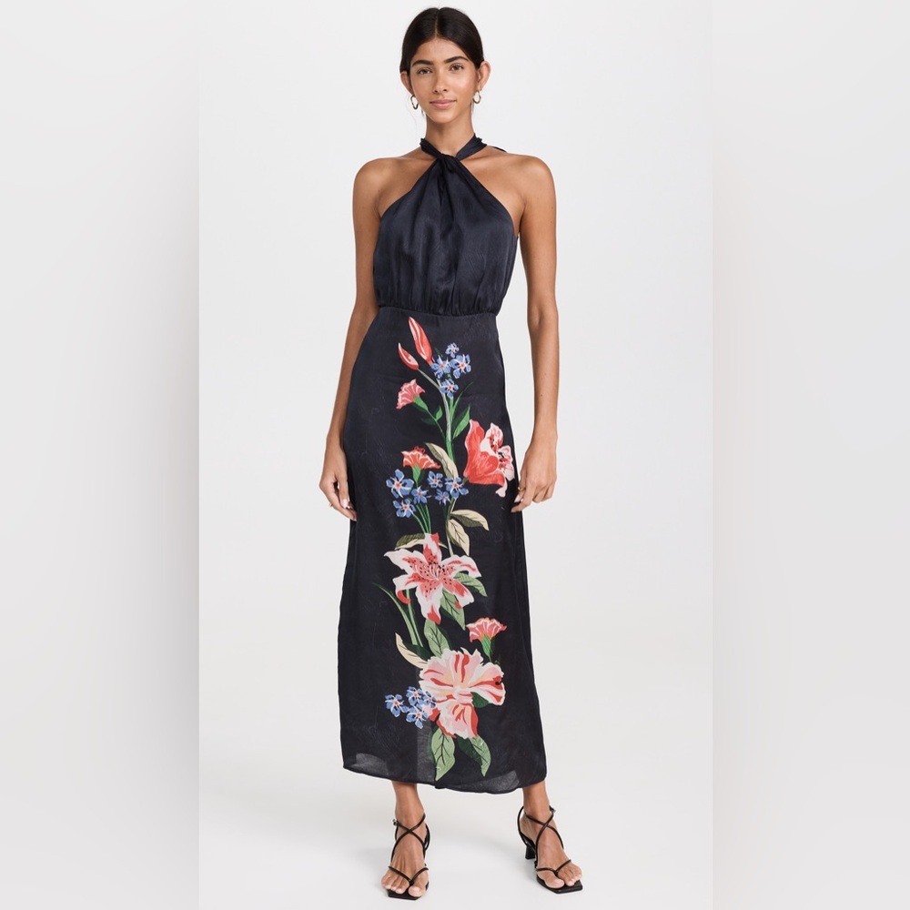 NWOT Sleeveless Black Floral Maxi Dress with Halter Neck